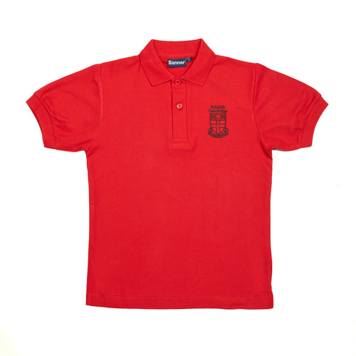 Crested red polo shirt